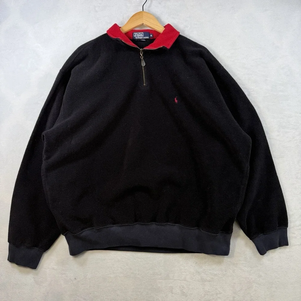 Polo Ralph Lauren 1/4 Zip Fleece Pullover Adult XL Black Red Jacket Embroidered